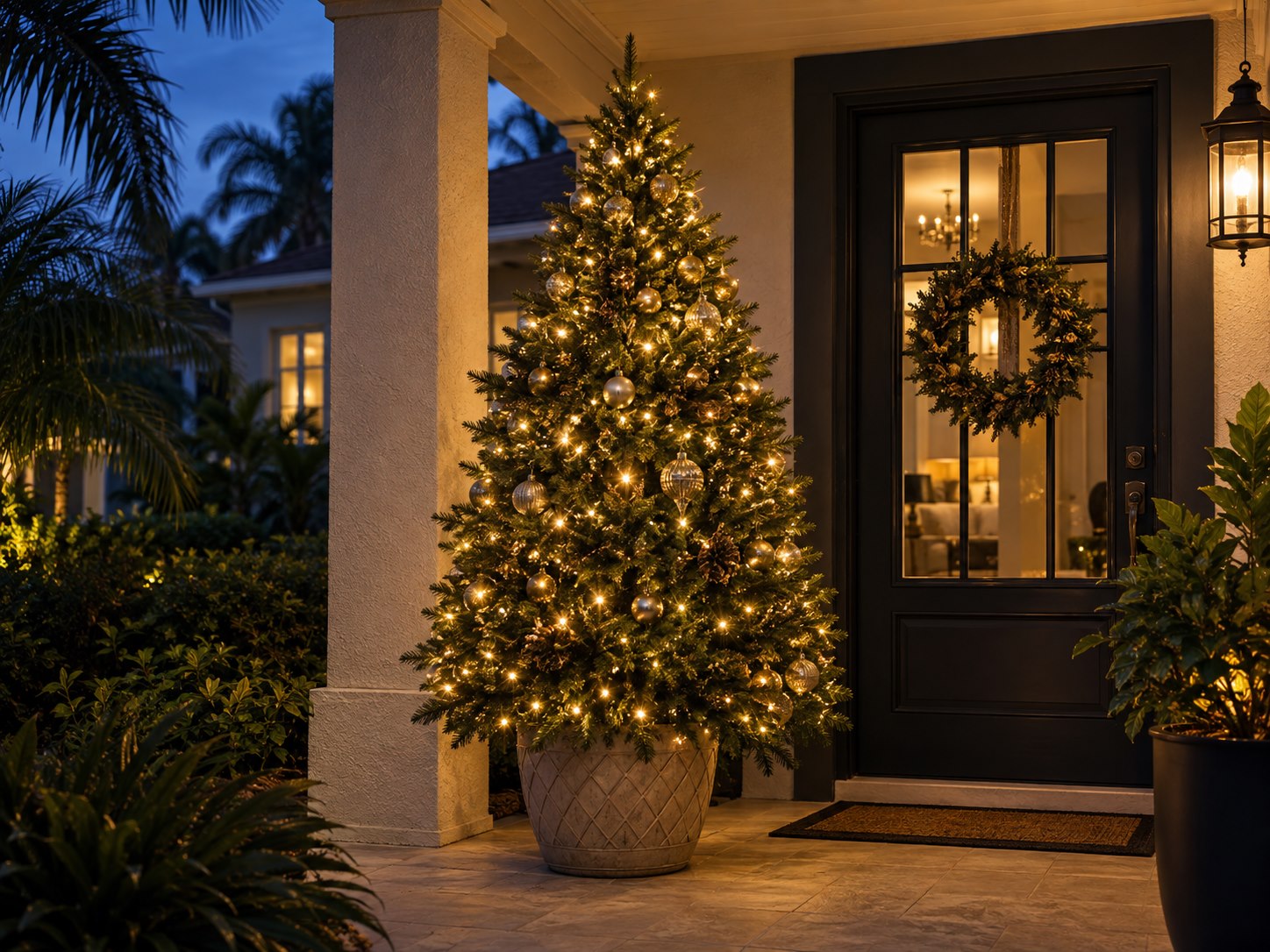 Elegant Christmas tree with warm white lights at a Florida home entrance