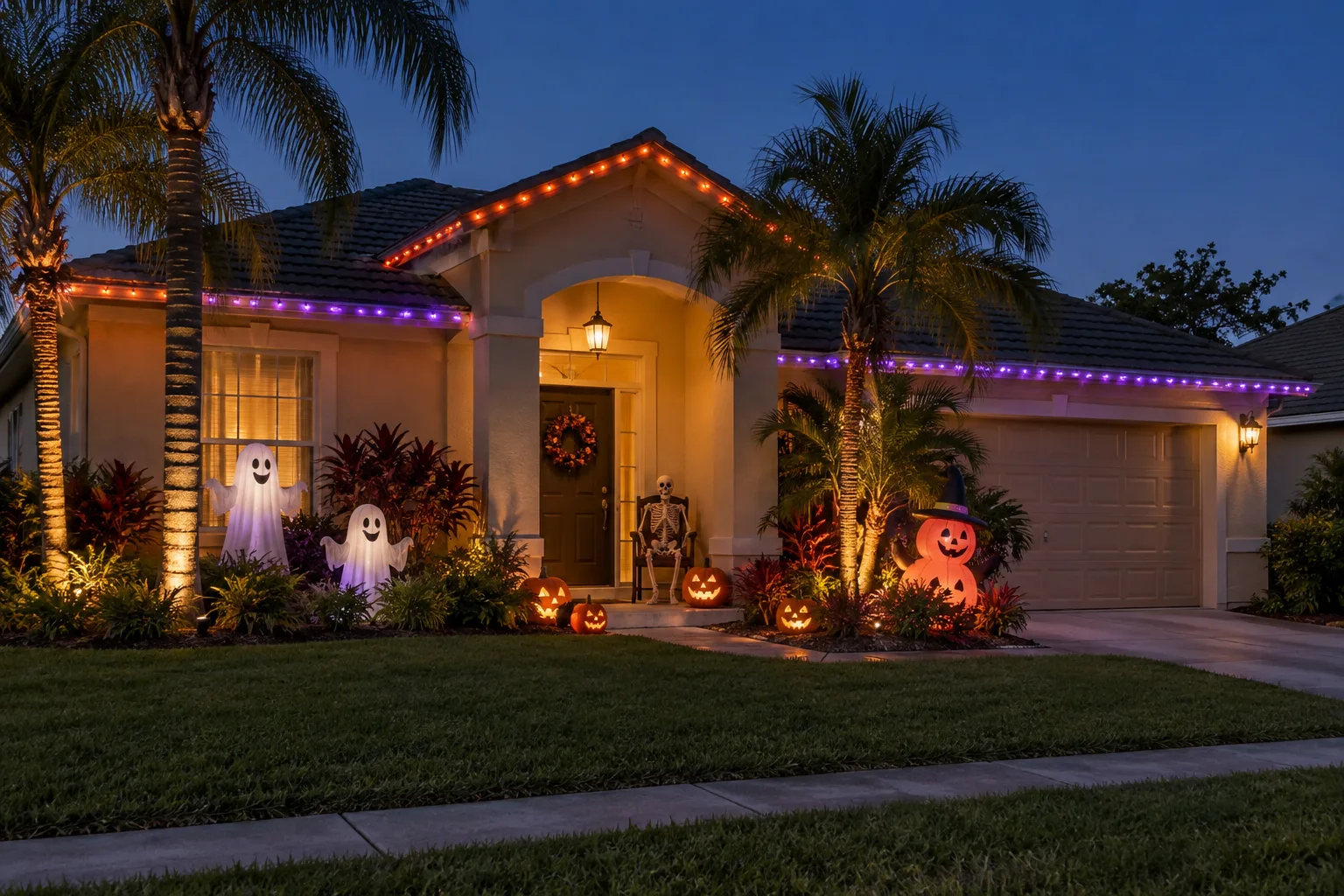 Florida home decorated with orange and purple Halloween lights