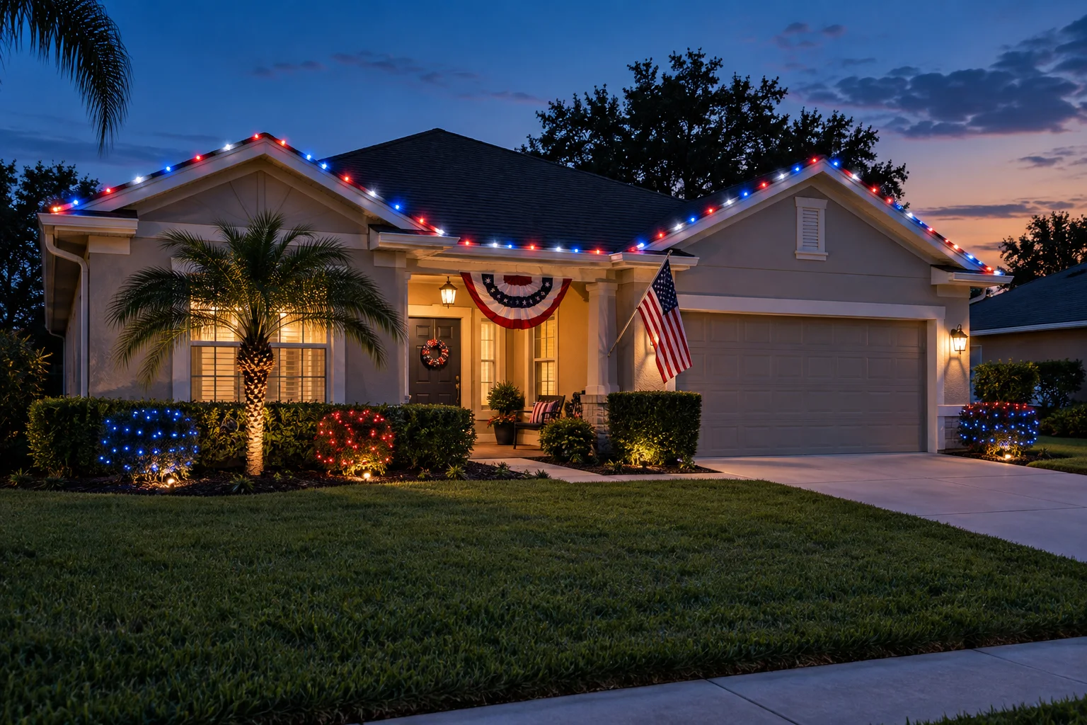 Florida home decorated with red white and blue lights for 4th of July