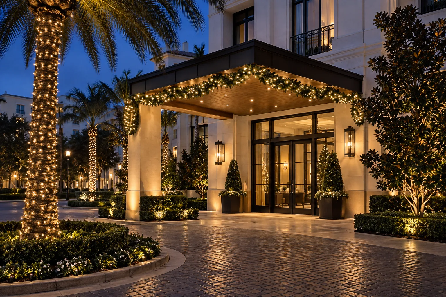 Commercial entrance with professional holiday lighting