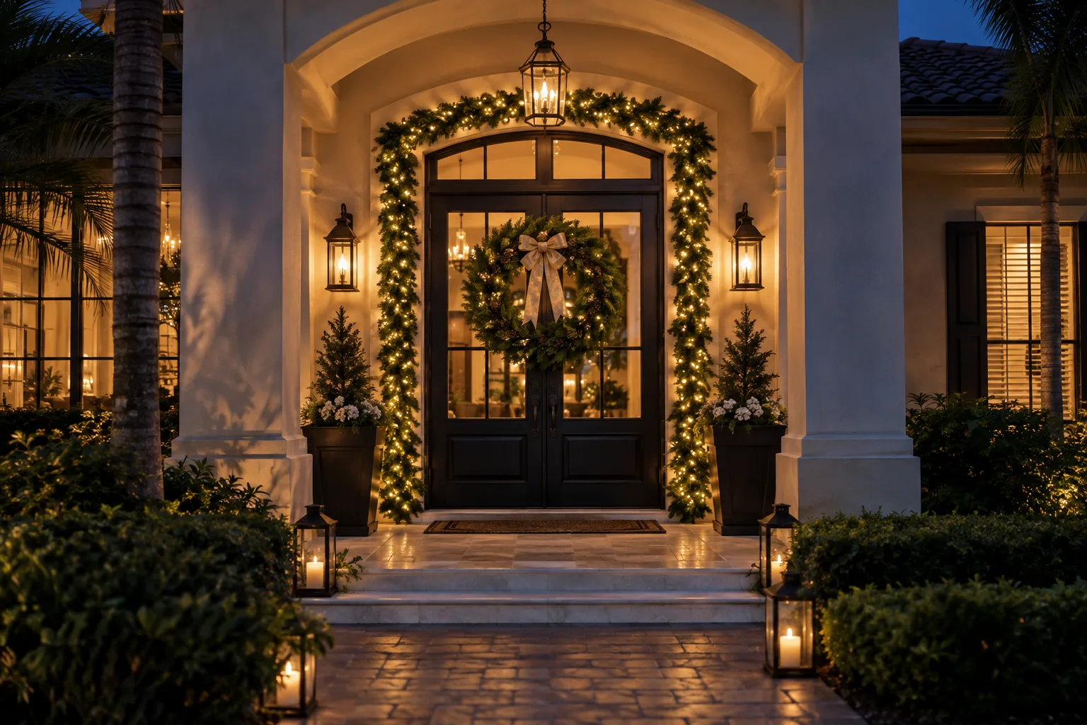 Holiday garland and wreath at an elegant entry