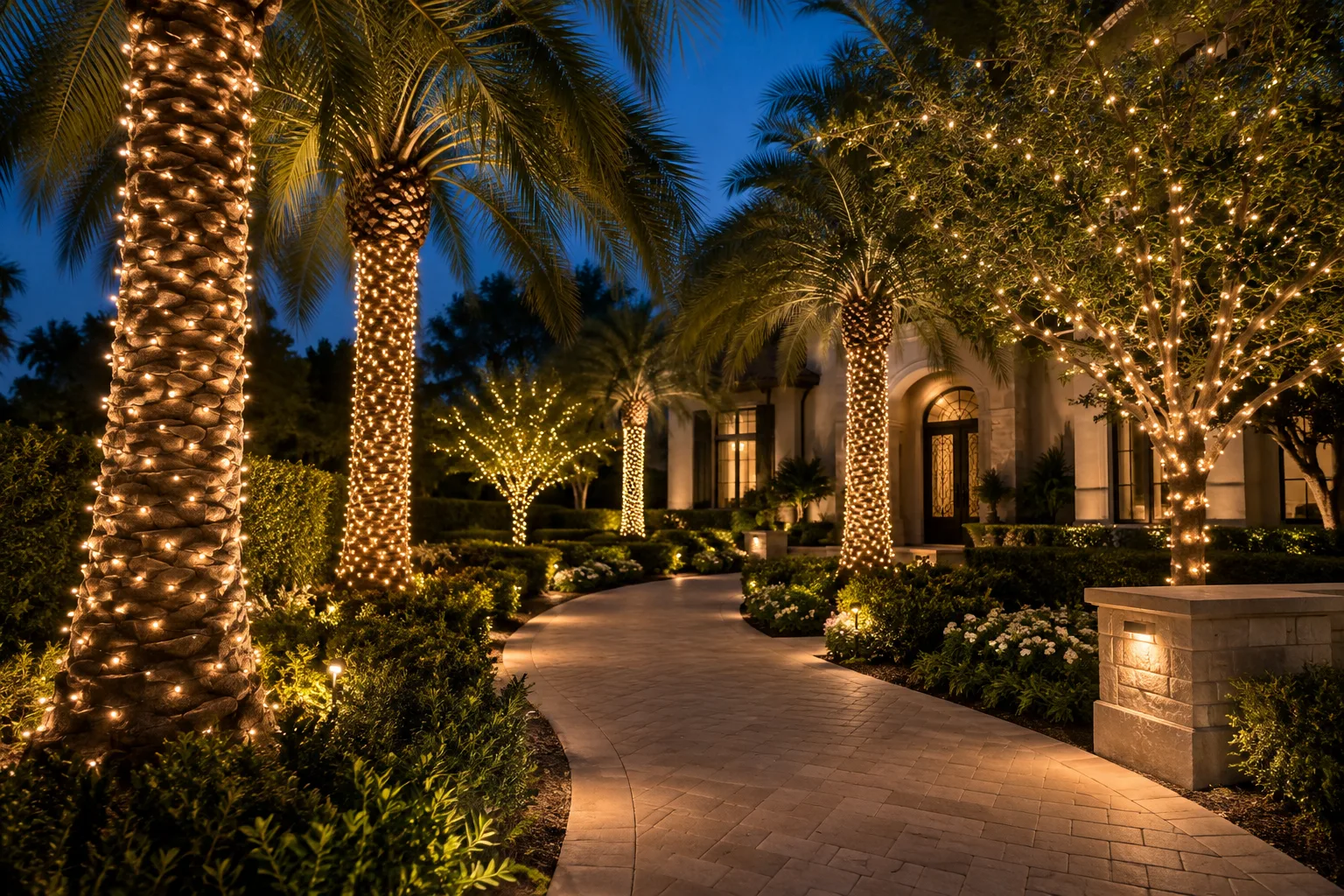 Palm trees and landscape wrapped in warm white lights