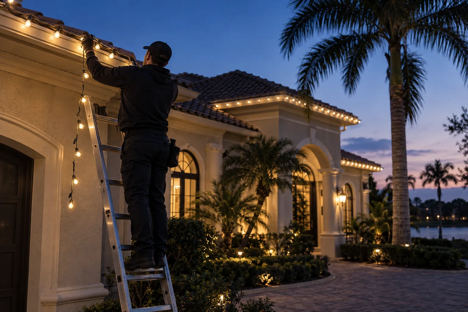 Professional carefully removing holiday roofline lights