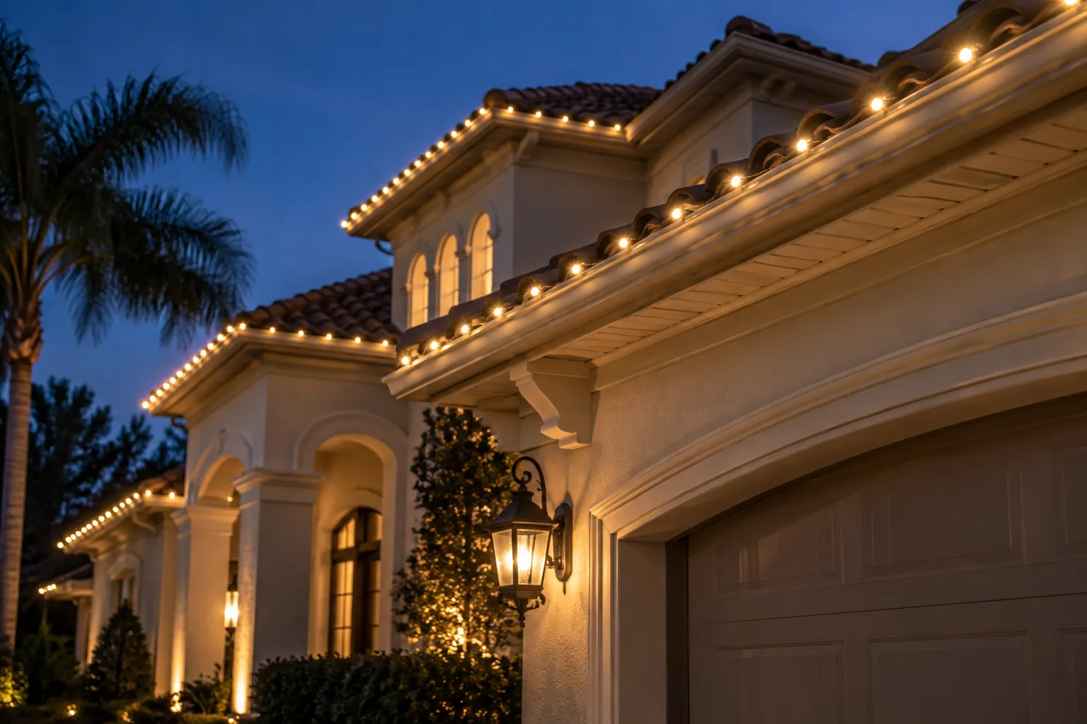 Warm white roofline lighting on a Florida home