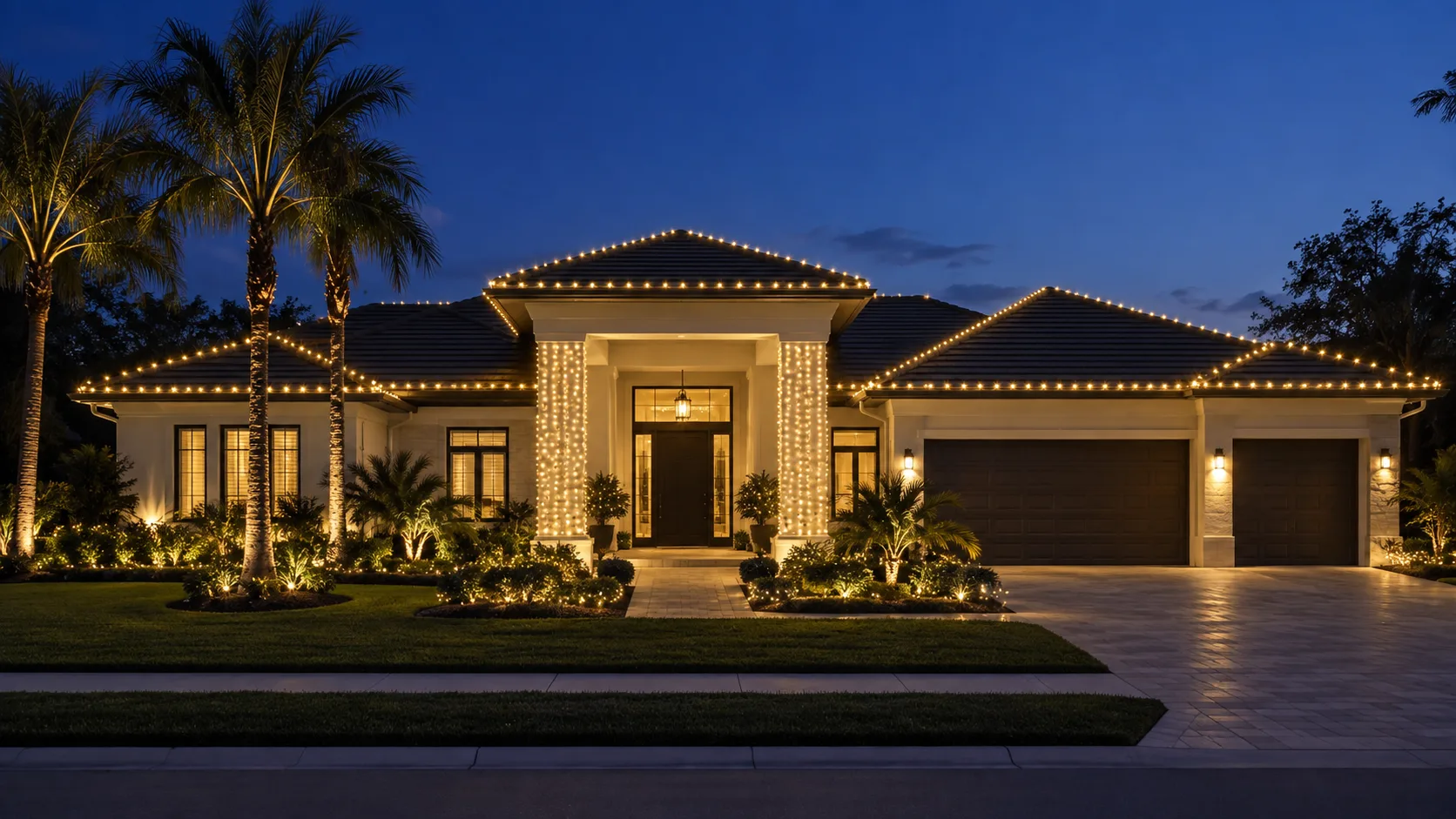 Single-story Florida home with professional warm white holiday lighting