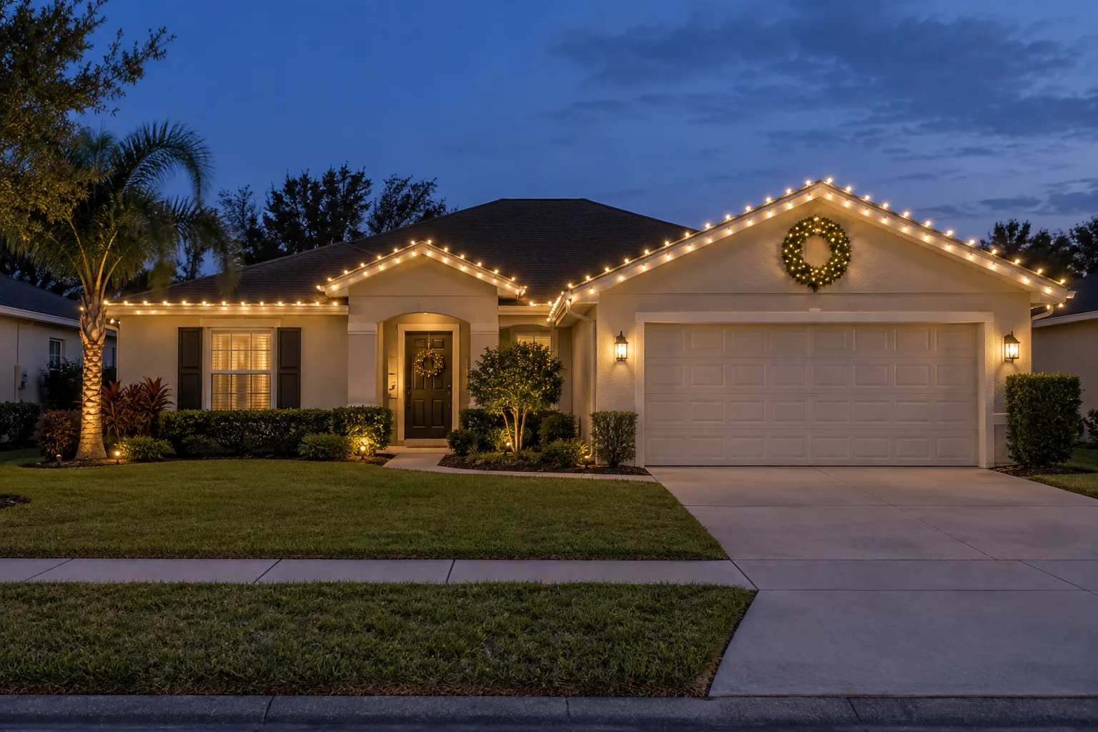 Single-story suburban Florida home with warm white roofline lights