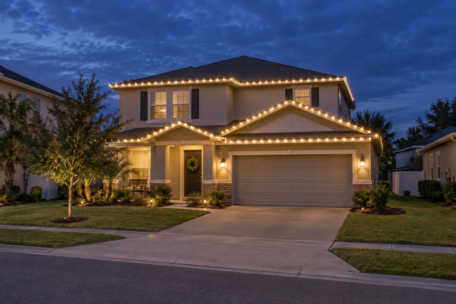 Two-story suburban Florida family home with warm white holiday lights