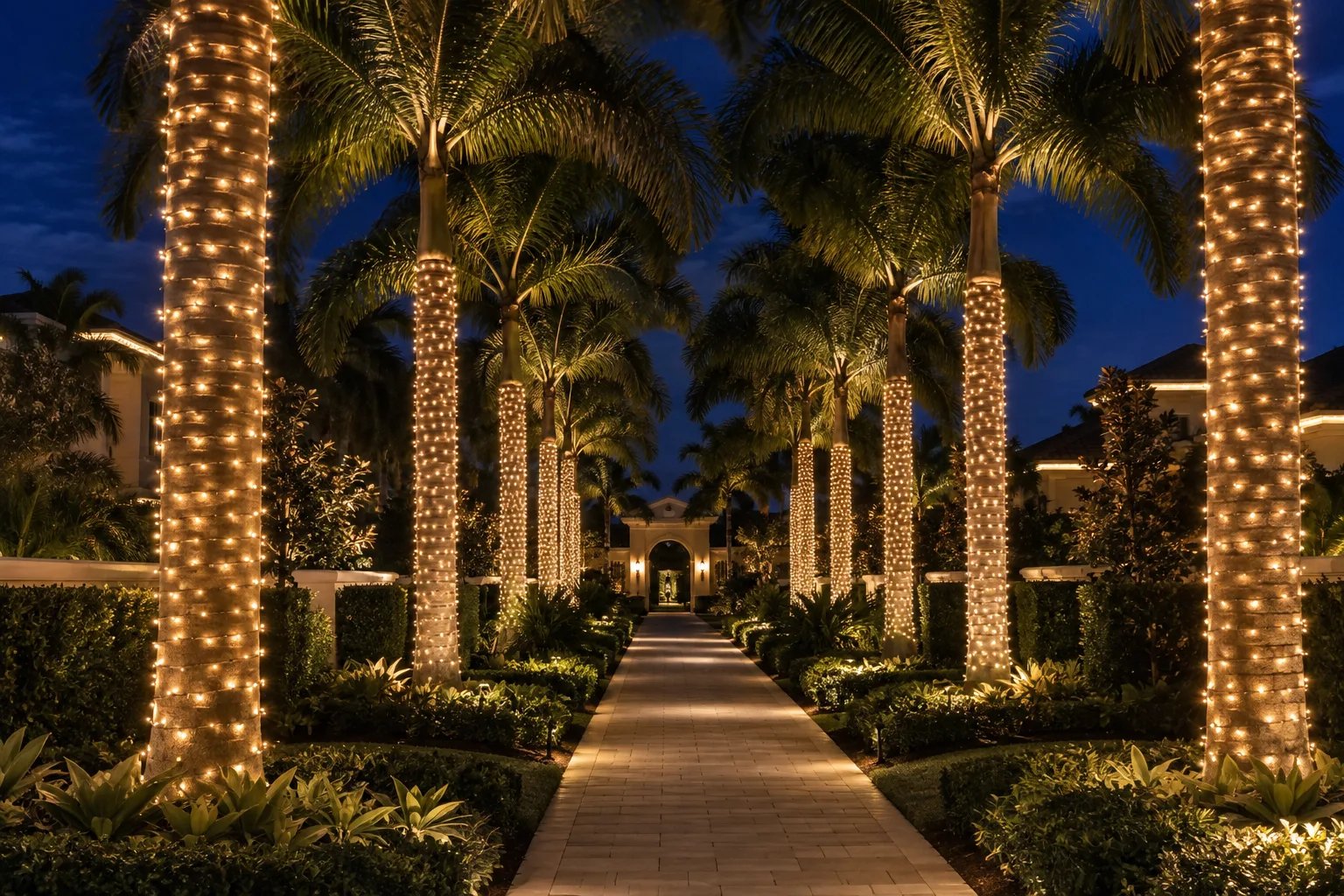 Palm-lined walkway wrapped in warm white holiday lights