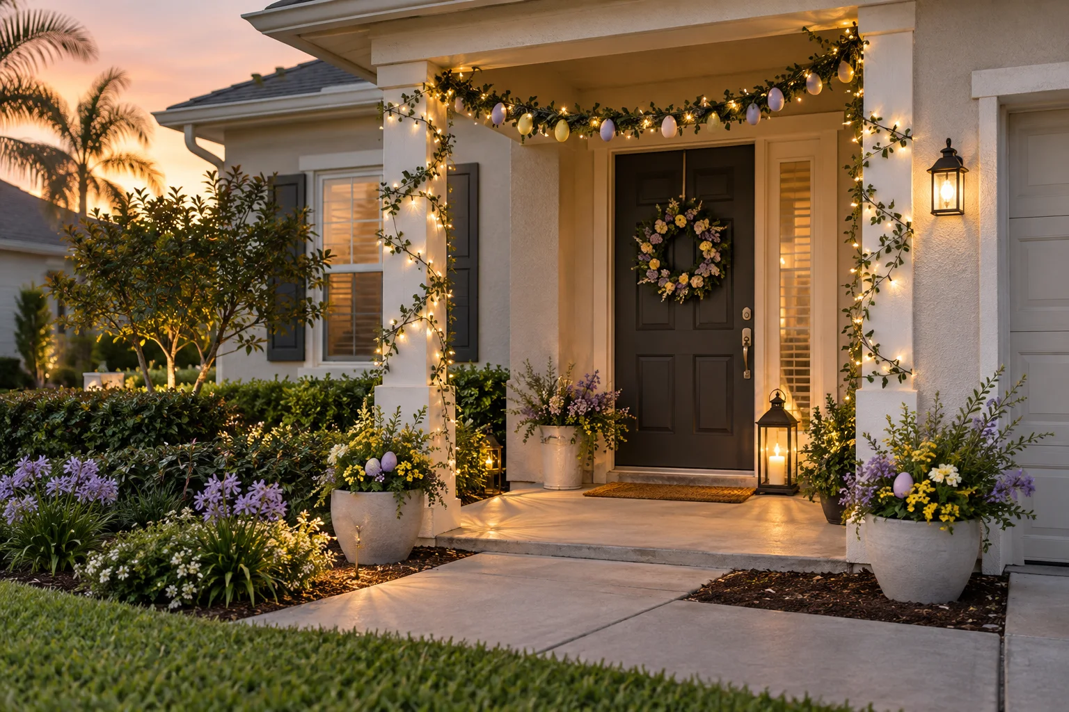 Florida porch with tasteful spring lights and Easter decorations