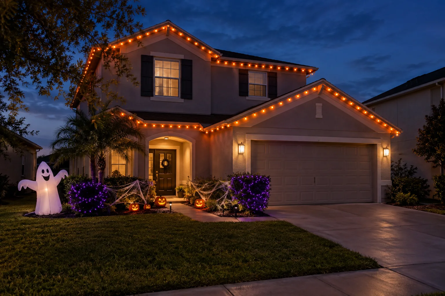 Two-story Florida home with orange and purple Halloween decorations