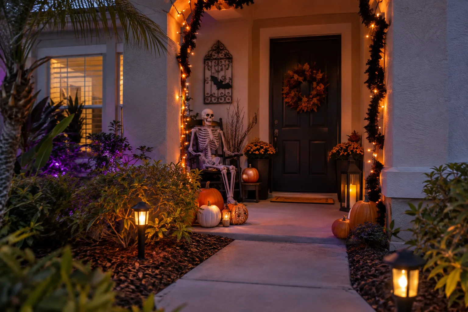 Modest Florida porch decorated with pumpkins lights and a skeleton for Halloween