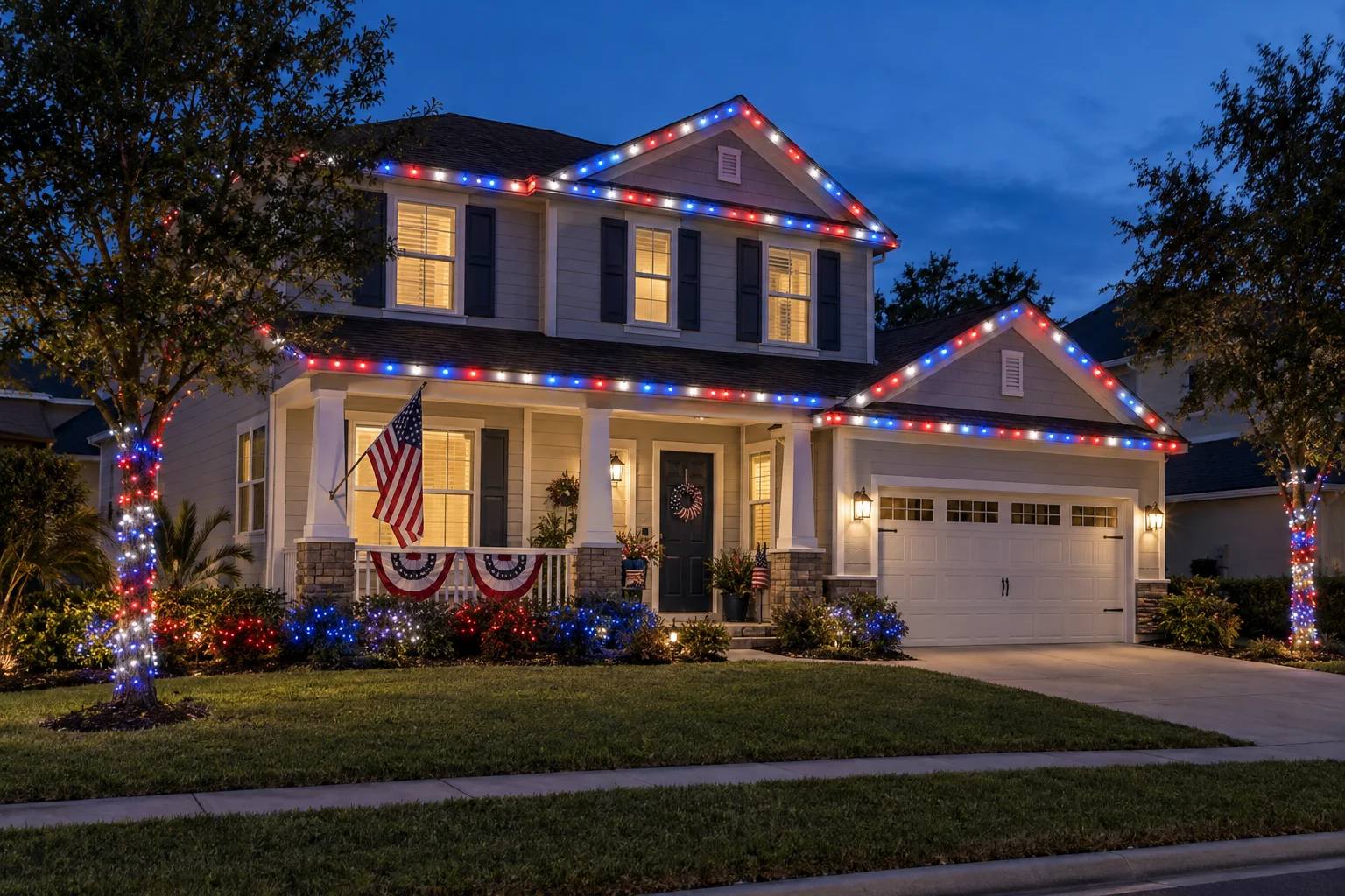 Two-story family home with red white and blue 4th of July lights