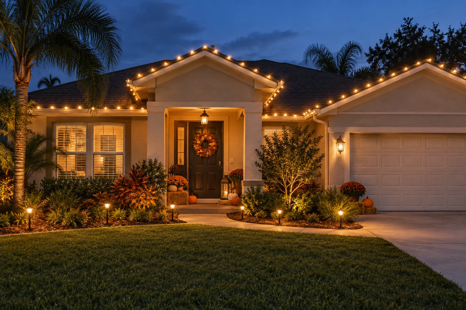 Single-story Florida home with warm Thanksgiving lights and fall porch decorations