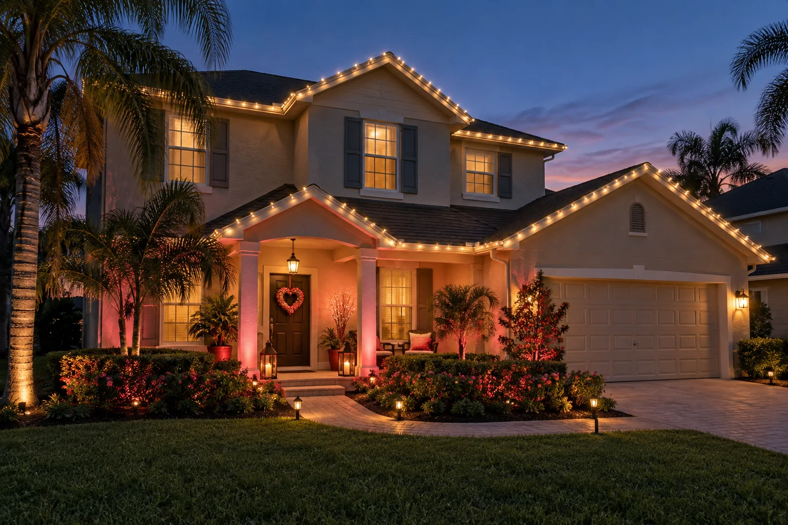 Two-story Florida home with warm white and red Valentine's Day lighting